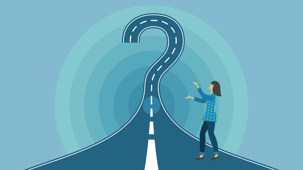 Woman showing the big question on where the road can go. Perspective road with big question mark.