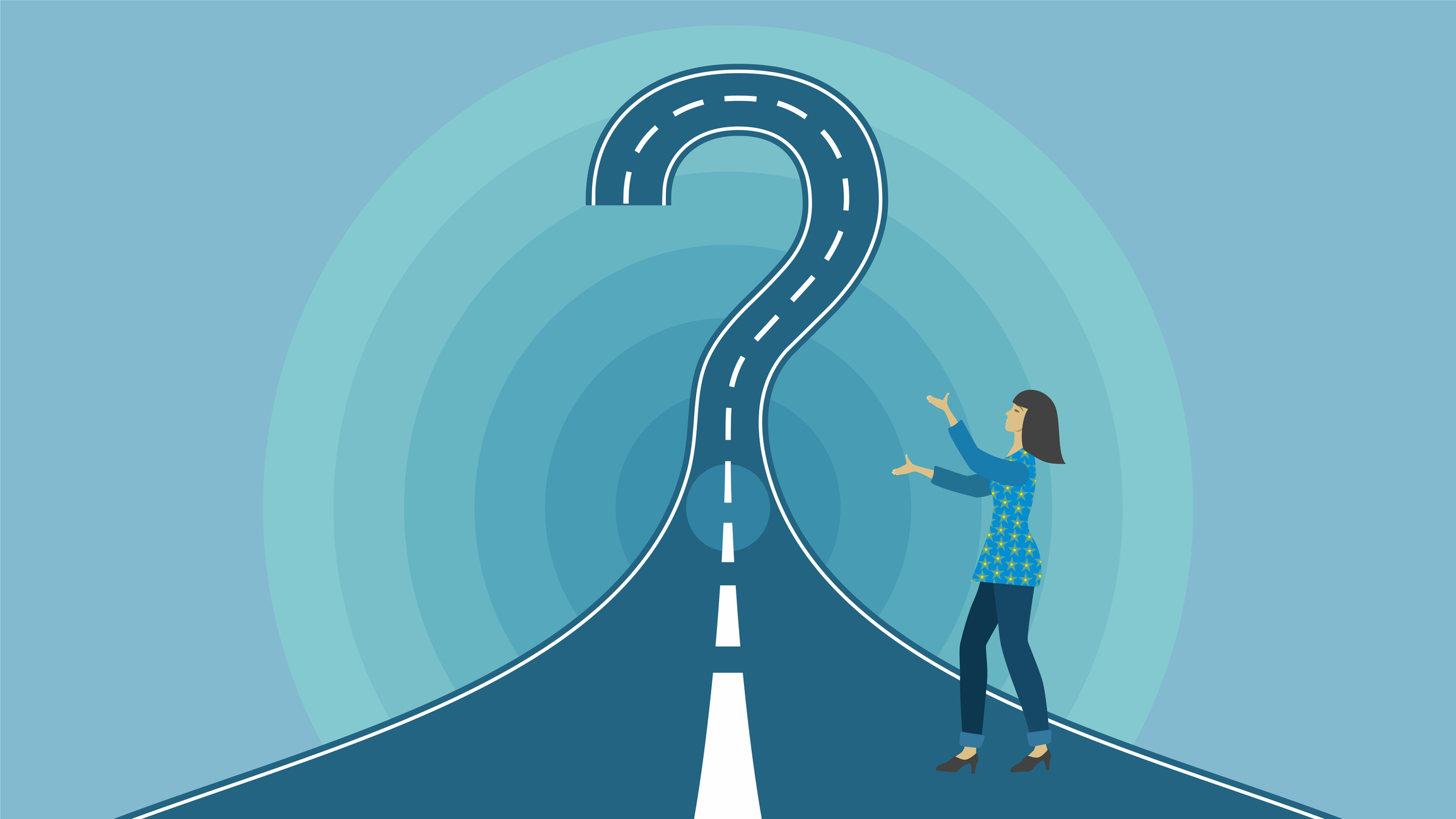 Woman showing the big question on where the road can go. Perspective road with big question mark.