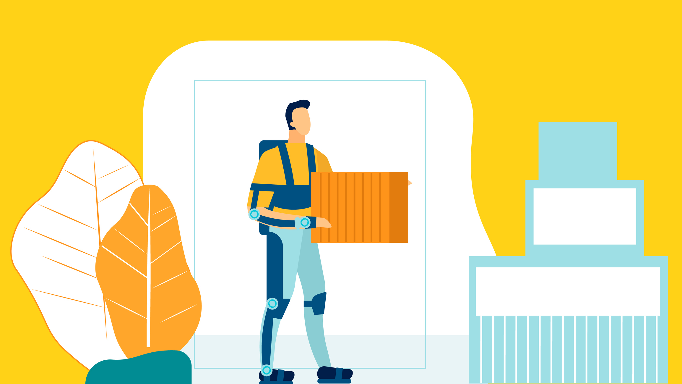 Futuristic Warehouse Worker Flat Illustration. Man in Exoskeleton Carrying Boxes Cartoon Character. Male Loader, Delivery, Courier Man Holds Heavy Container. Moving Service Worker Wearing Robotic Suit