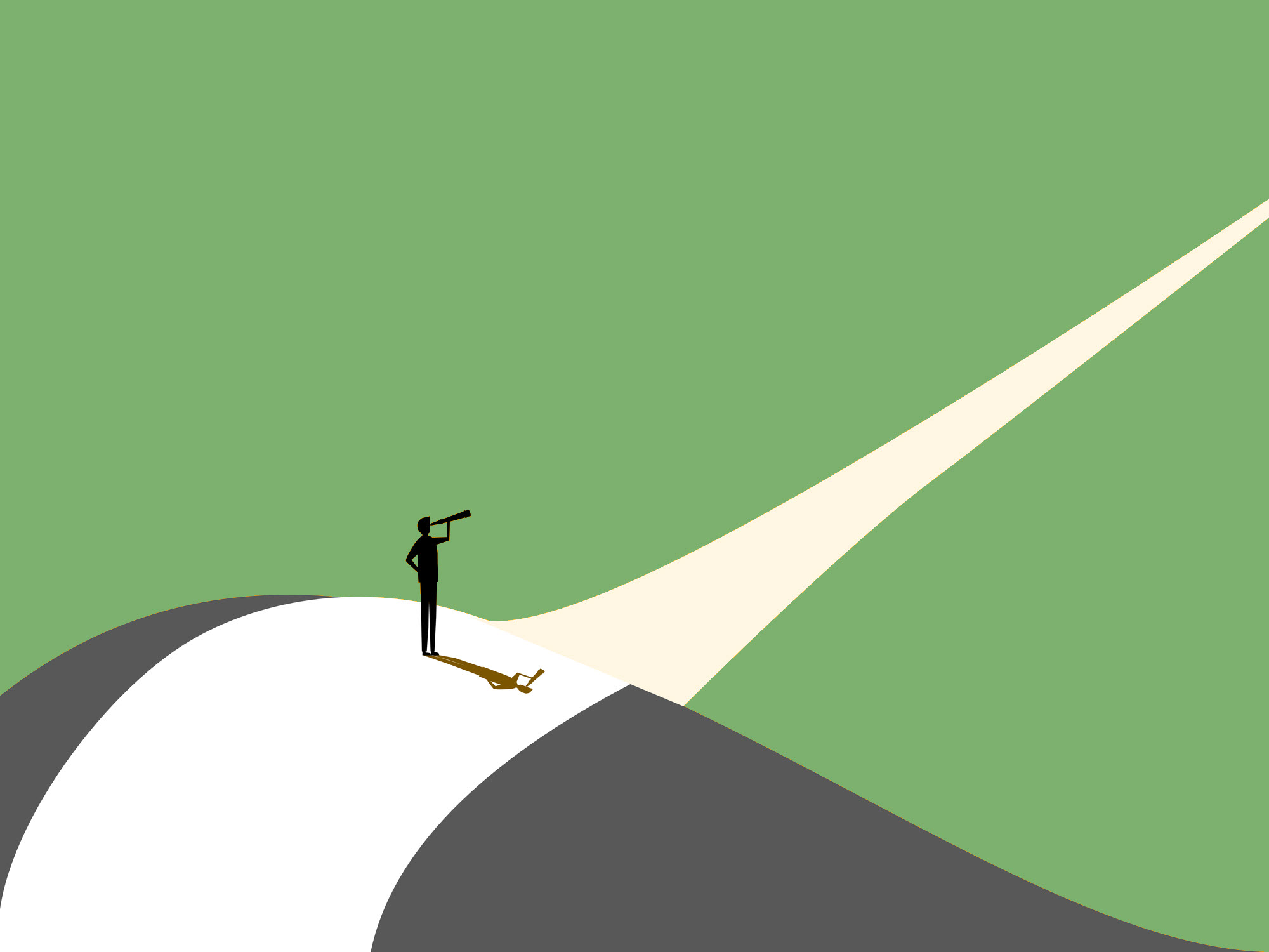 shadow of a person standing on hill with telescope looking out into vast landscape