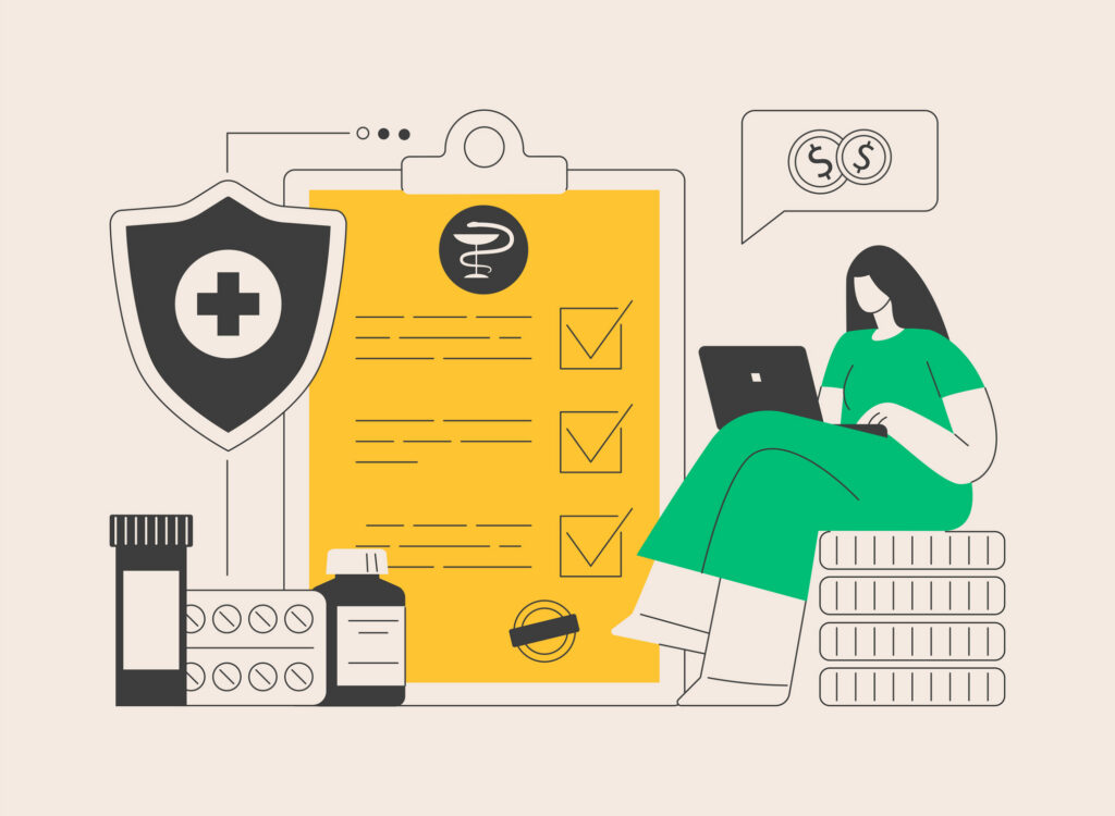 Health insurance abstract concept vector illustration. Health insurance contract, medical expenses, claim application form, agent consultation, sign document, emergency coverage abstract metaphor.