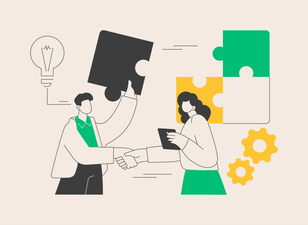 Mutual assistance abstract concept vector illustration. Mutual assistance program, help each other, business support, mobile banking, team work, group of people, shaking hands abstract metaphor.