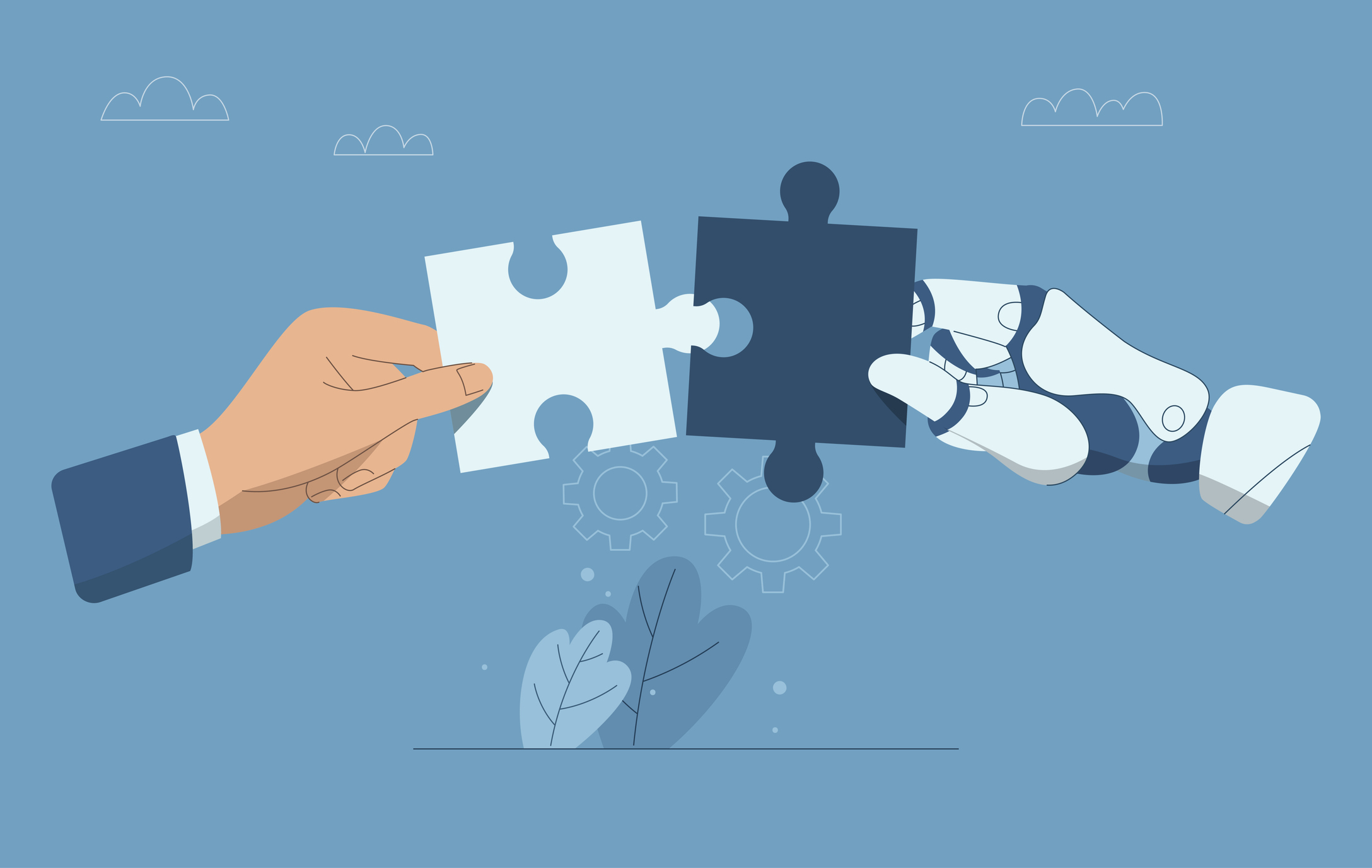 Collaboration of personnel with artificial intelligence, Teamwork with AI, Hand of businessman put together a jigsaw puzzle together with hand of robot, Vector design illustration.