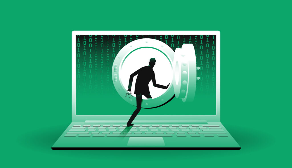 Hacker opening vault door in laptop. Hacking, data breach concept. Vector illustration.